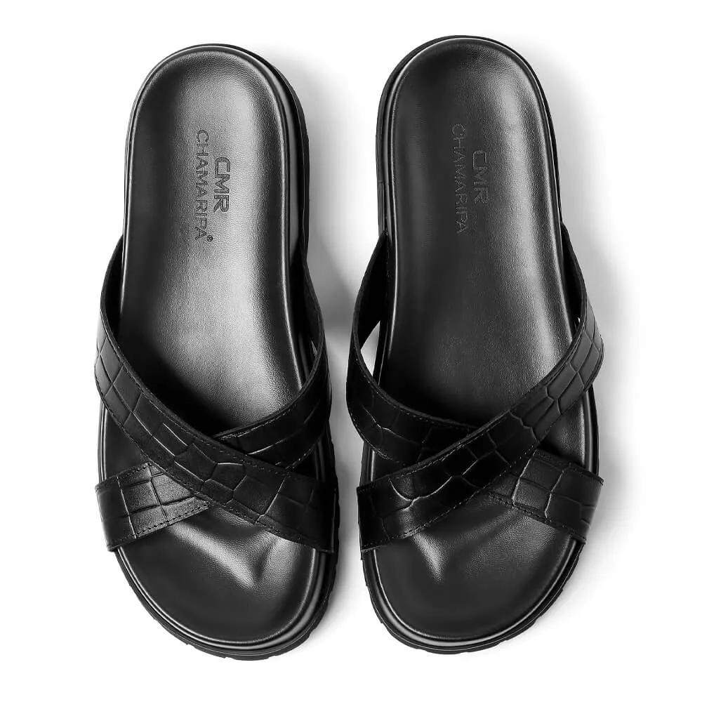 5CM/1.95 Inches - CMR CHAMARIPA Elevator Slippers - Black Leather Height Increasing Slippers For Men - Outdoor Indoor Slippers