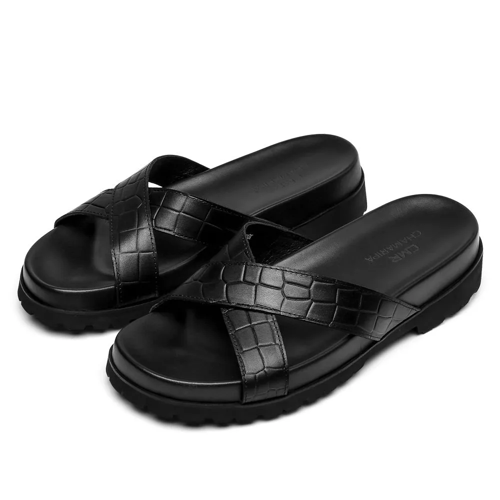 5CM/1.95 Inches - CMR CHAMARIPA Elevator Slippers - Black Leather Height Increasing Slippers For Men - Outdoor Indoor Slippers