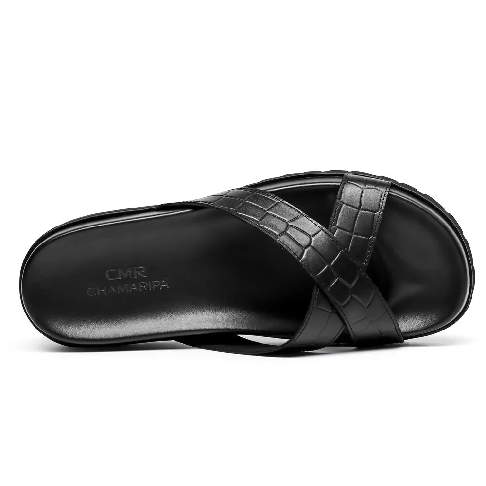 5CM/1.95 Inches - CMR CHAMARIPA Elevator Slippers - Black Leather Height Increasing Slippers For Men - Outdoor Indoor Slippers