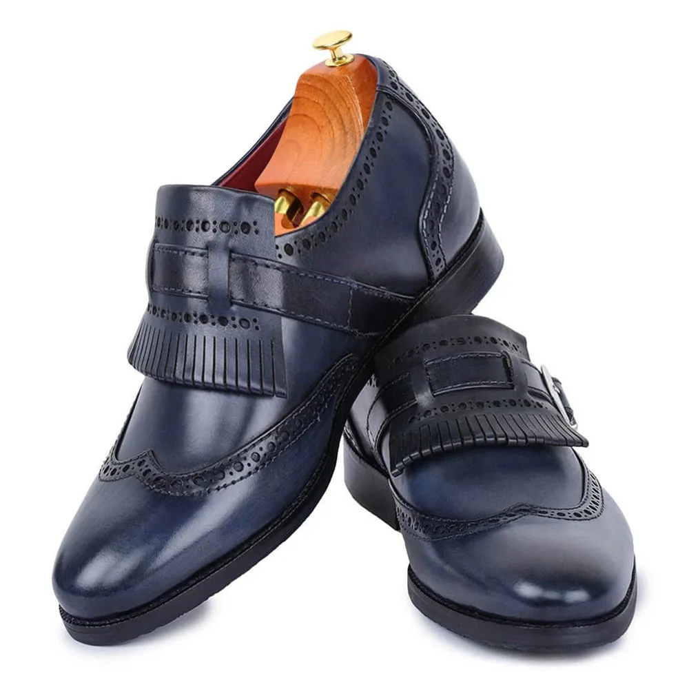 7 CM / 2.76 Inches Taller - CMR CHAMARIPA Business Elevator Shoes For Men - Wingtip Brogue Kiltie Monk Strap - Navy