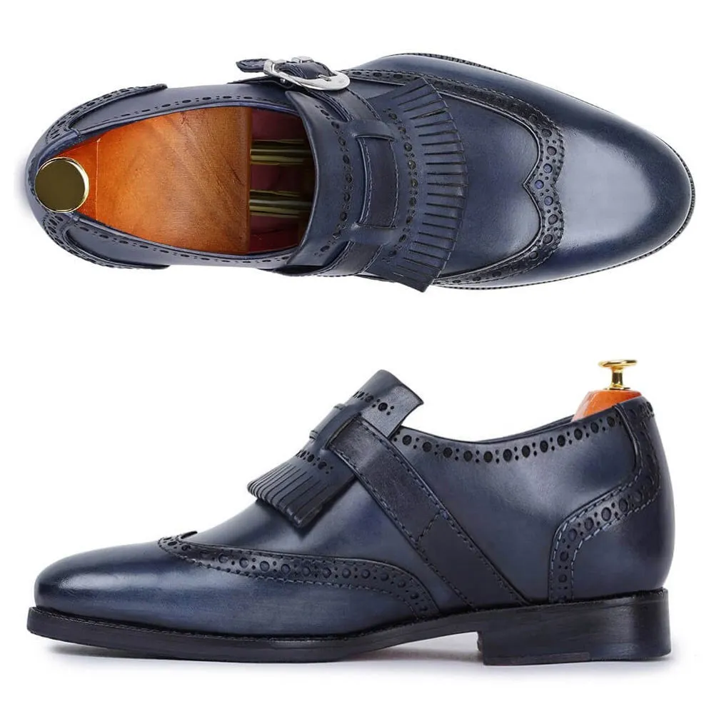 7 CM / 2.76 Inches Taller - CMR CHAMARIPA Business Elevator Shoes For Men - Wingtip Brogue Kiltie Monk Strap - Navy