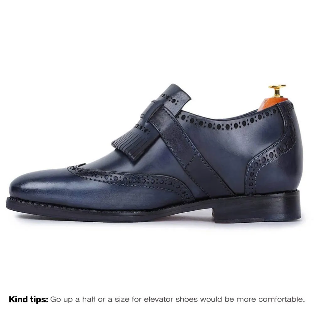 7 CM / 2.76 Inches Taller - CMR CHAMARIPA Business Elevator Shoes For Men - Wingtip Brogue Kiltie Monk Strap - Navy