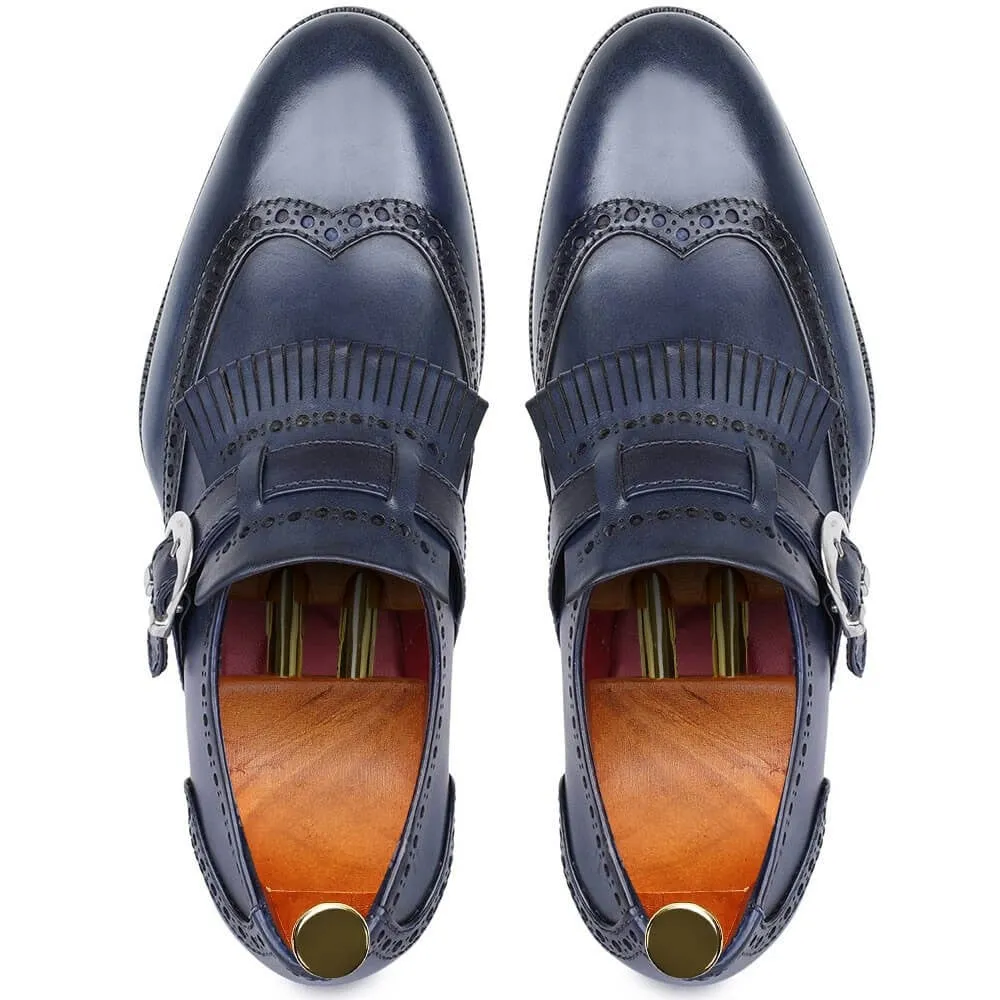 7 CM / 2.76 Inches Taller - CMR CHAMARIPA Business Elevator Shoes For Men - Wingtip Brogue Kiltie Monk Strap - Navy