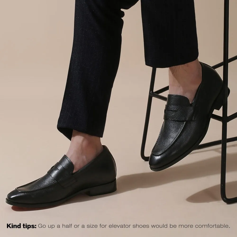 7 CM / 2.76 Inches Taller - CMR CHAMARIPA Loafer Shoes That Add Height - Grain Penny Loafer - Black
