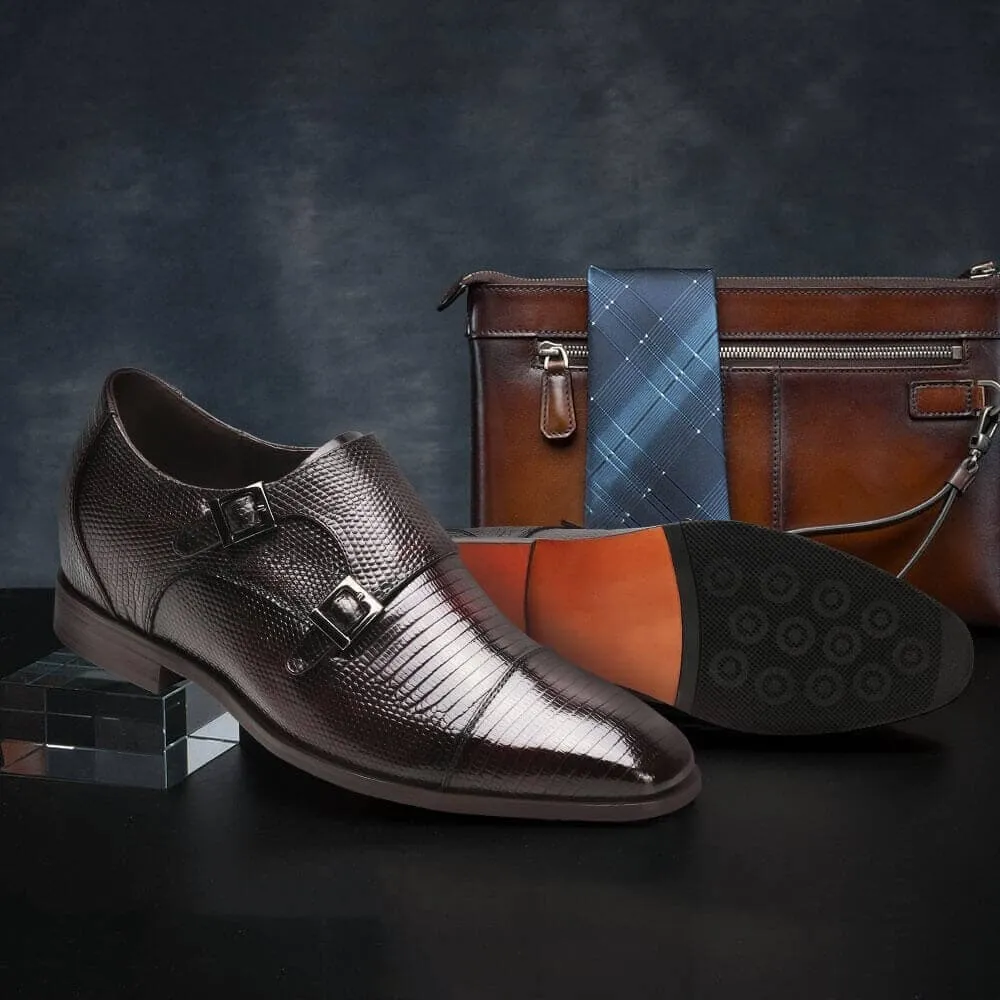 7CM/2.76Inches - CMR CHAMARIPA Height Increasing Dress Shoes For Men Grey Lizard Leather Shoes