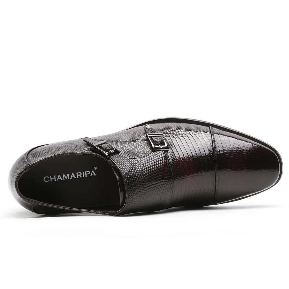 7CM/2.76Inches - CMR CHAMARIPA Height Increasing Dress Shoes For Men Grey Lizard Leather Shoes