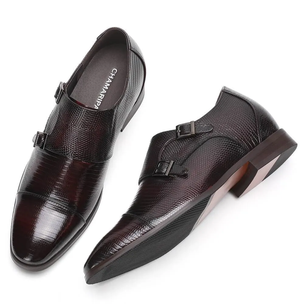 7CM/2.76Inches - CMR CHAMARIPA Height Increasing Dress Shoes For Men Grey Lizard Leather Shoes