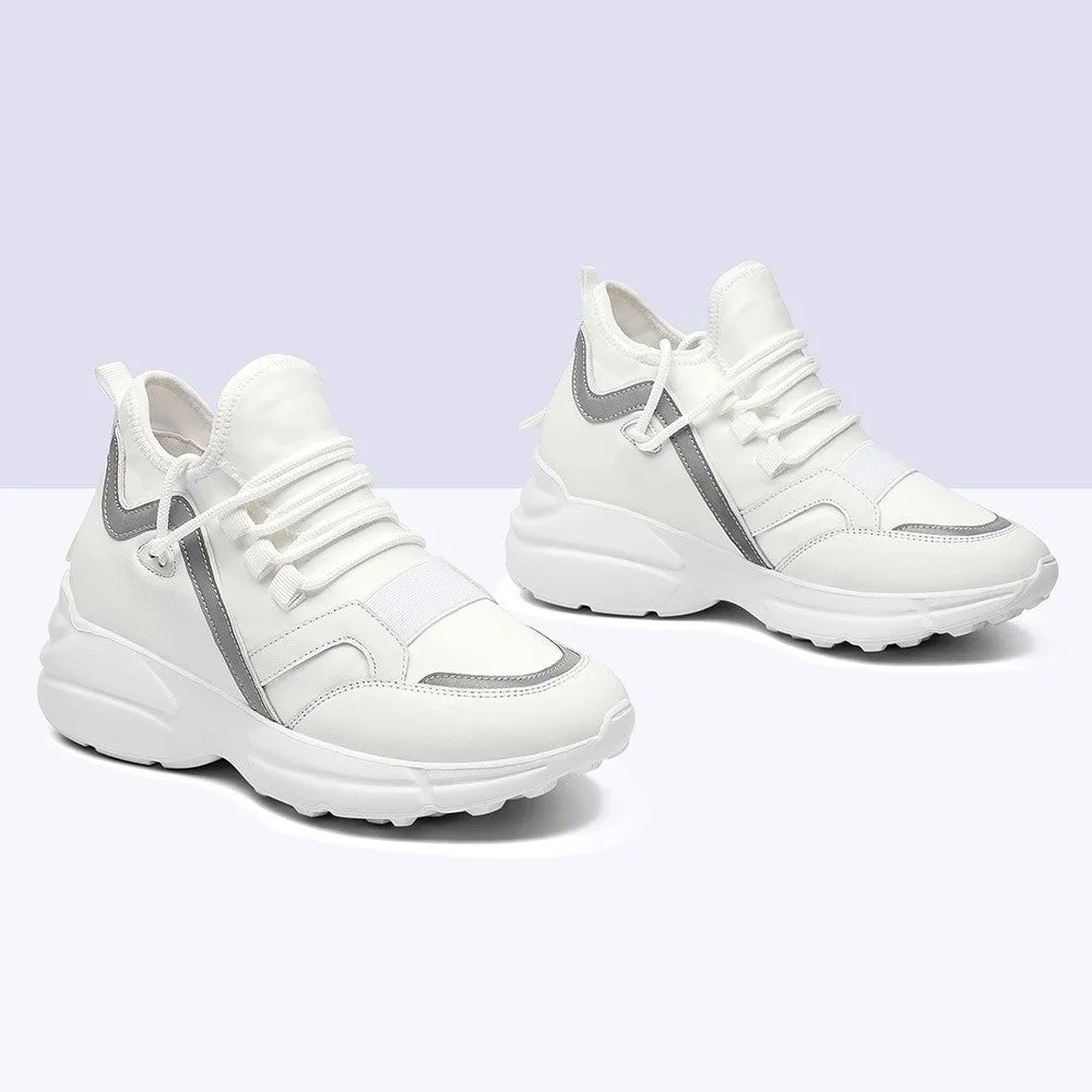 8 CM/3.15 Inches CMR CHAMARIPA Height Increasing Shoes for Ladies - White Elastic Fabric Sneakers