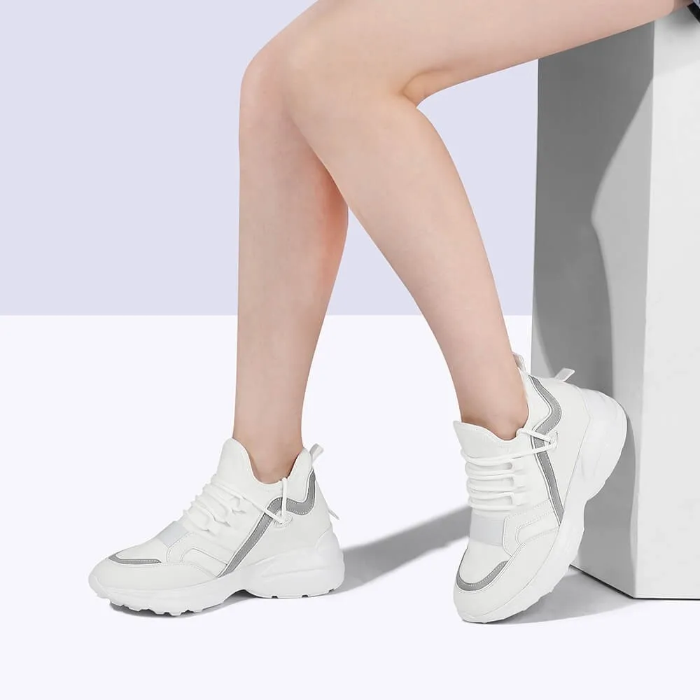 8 CM/3.15 Inches CMR CHAMARIPA Height Increasing Shoes for Ladies - White Elastic Fabric Sneakers