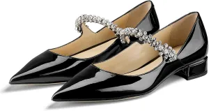 Adrizzlein Mary Jane Flats for Women Pointed Toe Rhinestones Strap Flats Patent Low Heel Mary Janes Wedding Bridal Dress Shoes