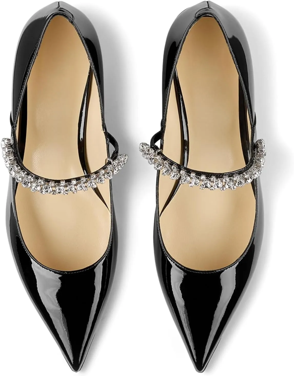 Adrizzlein Mary Jane Flats for Women Pointed Toe Rhinestones Strap Flats Patent Low Heel Mary Janes Wedding Bridal Dress Shoes