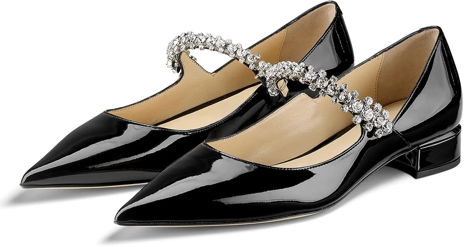 Adrizzlein Mary Jane Flats for Women Pointed Toe Rhinestones Strap Flats Patent Low Heel Mary Janes Wedding Bridal Dress Shoes
