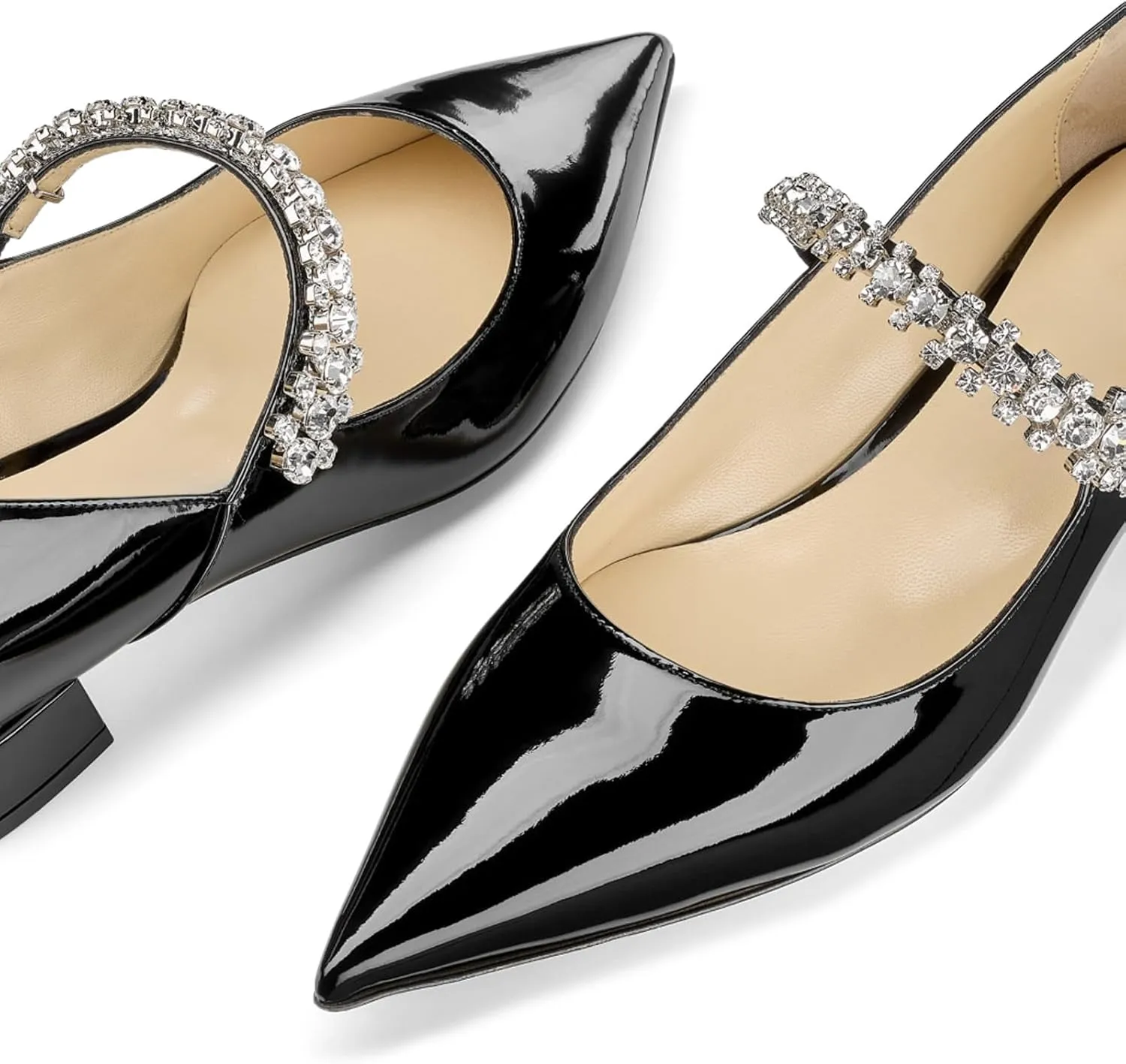 Adrizzlein Mary Jane Flats for Women Pointed Toe Rhinestones Strap Flats Patent Low Heel Mary Janes Wedding Bridal Dress Shoes