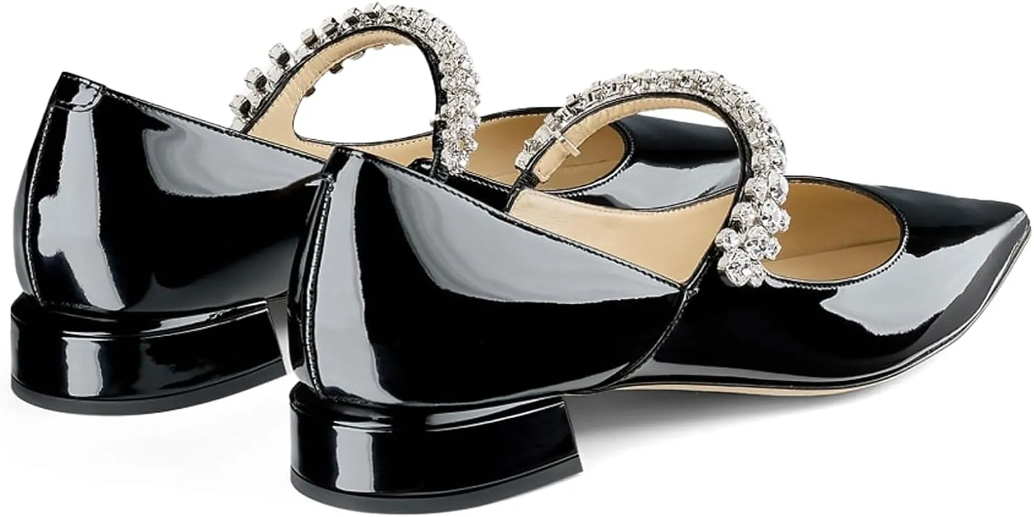 Adrizzlein Mary Jane Flats for Women Pointed Toe Rhinestones Strap Flats Patent Low Heel Mary Janes Wedding Bridal Dress Shoes
