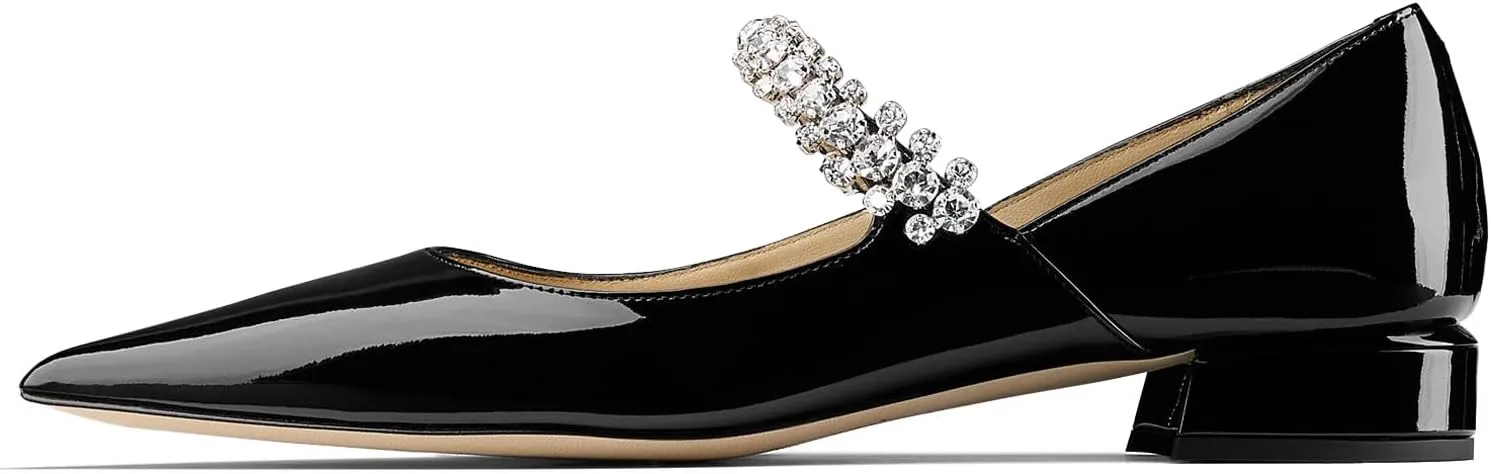 Adrizzlein Mary Jane Flats for Women Pointed Toe Rhinestones Strap Flats Patent Low Heel Mary Janes Wedding Bridal Dress Shoes