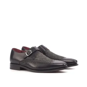 Ambrogio Bespoke Men's Handmade Custom Shoes Black Fabric / Pebble Grain / Calf-Skin Leather Monk-Strap Loafers (AMB1833)