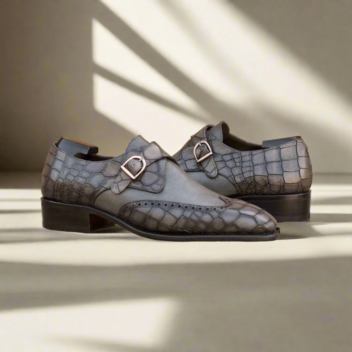 Ambrogio Bespoke Men's Shoes Gray Crocodile Print / Calf-Skin Leather Monk-Strap Loafers (AMB2337)