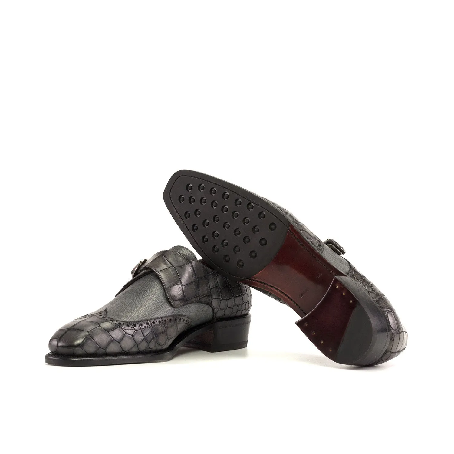 Ambrogio Bespoke Men's Shoes Gray Crocodile Print / Calf-Skin Leather Monk-Strap Loafers (AMB2337)