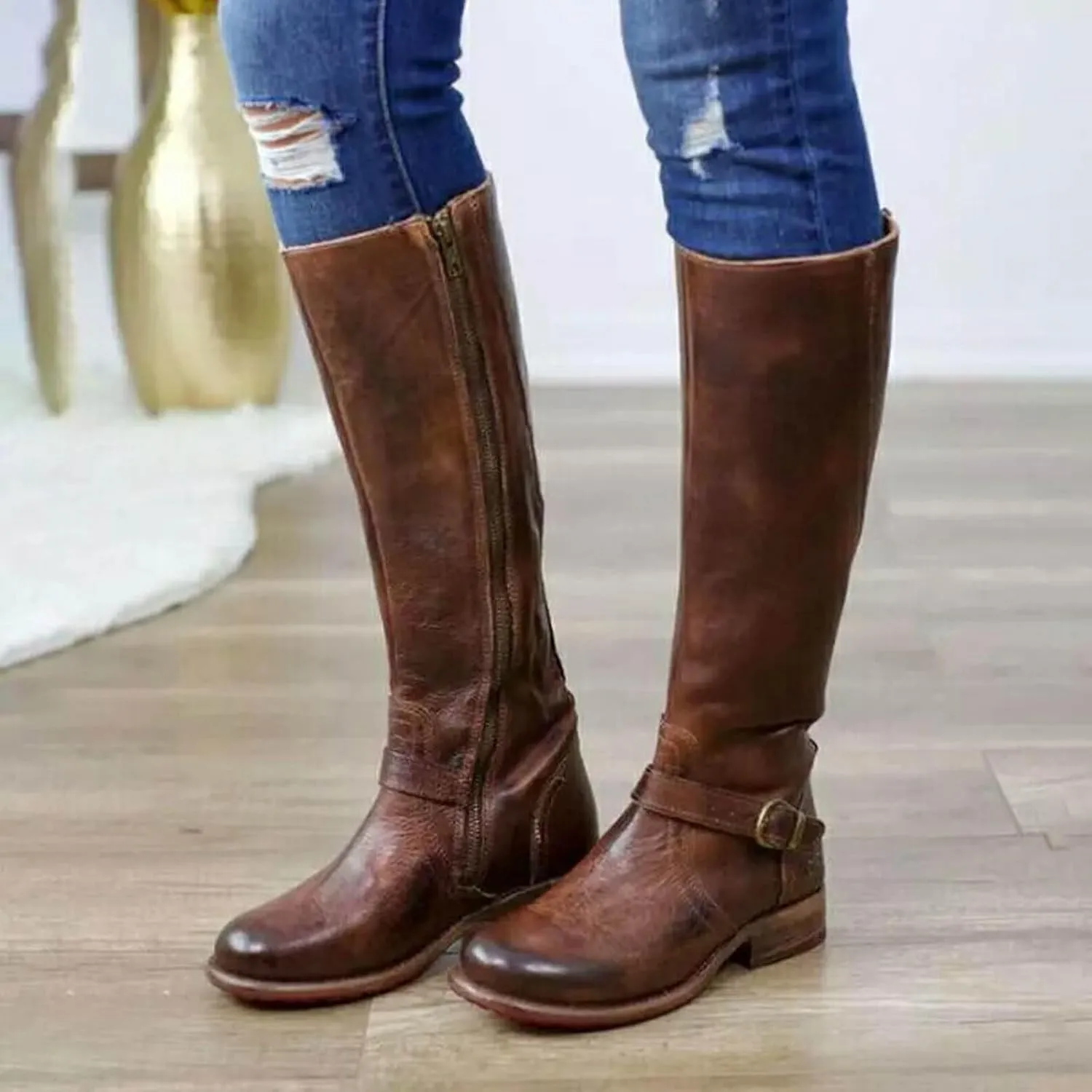 AMDBEL Mid Calf Boots for Women Low Heel Fall Boots for Women 2024 Fashion Zipper Cowboy Boots Riding Cowgirl Booties Shoes