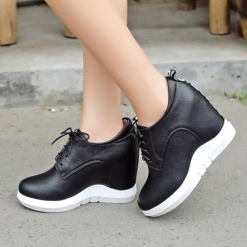 Amozae Fashion Wedges Sneakers Women Spring Autumn Comfort Hidden Platform Casual Shoes Women Lace-up Wedge Heels Grey White Sneakers