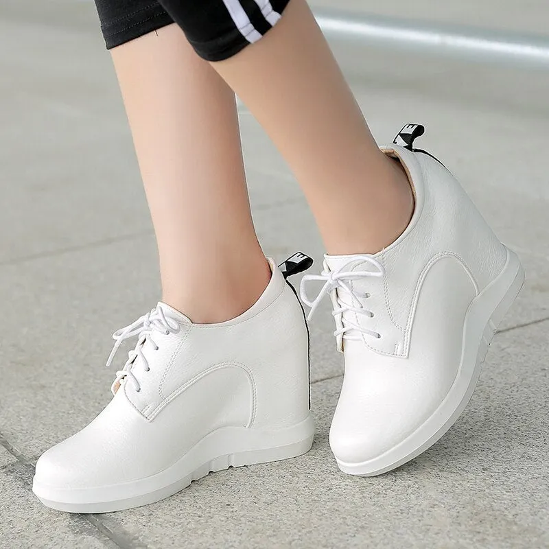 Amozae Fashion Wedges Sneakers Women Spring Autumn Comfort Hidden Platform Casual Shoes Women Lace-up Wedge Heels Grey White Sneakers