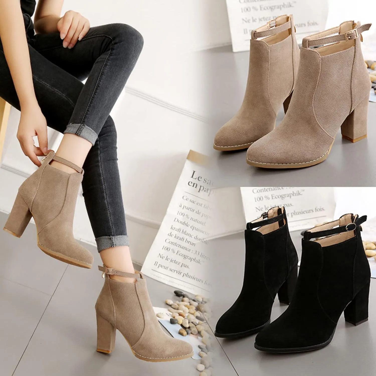 Ankle Booties for Women Chunky High Heel Pointed Toe Sexy Dress Boots Slip On Back Zipper Winter Suede Shoes