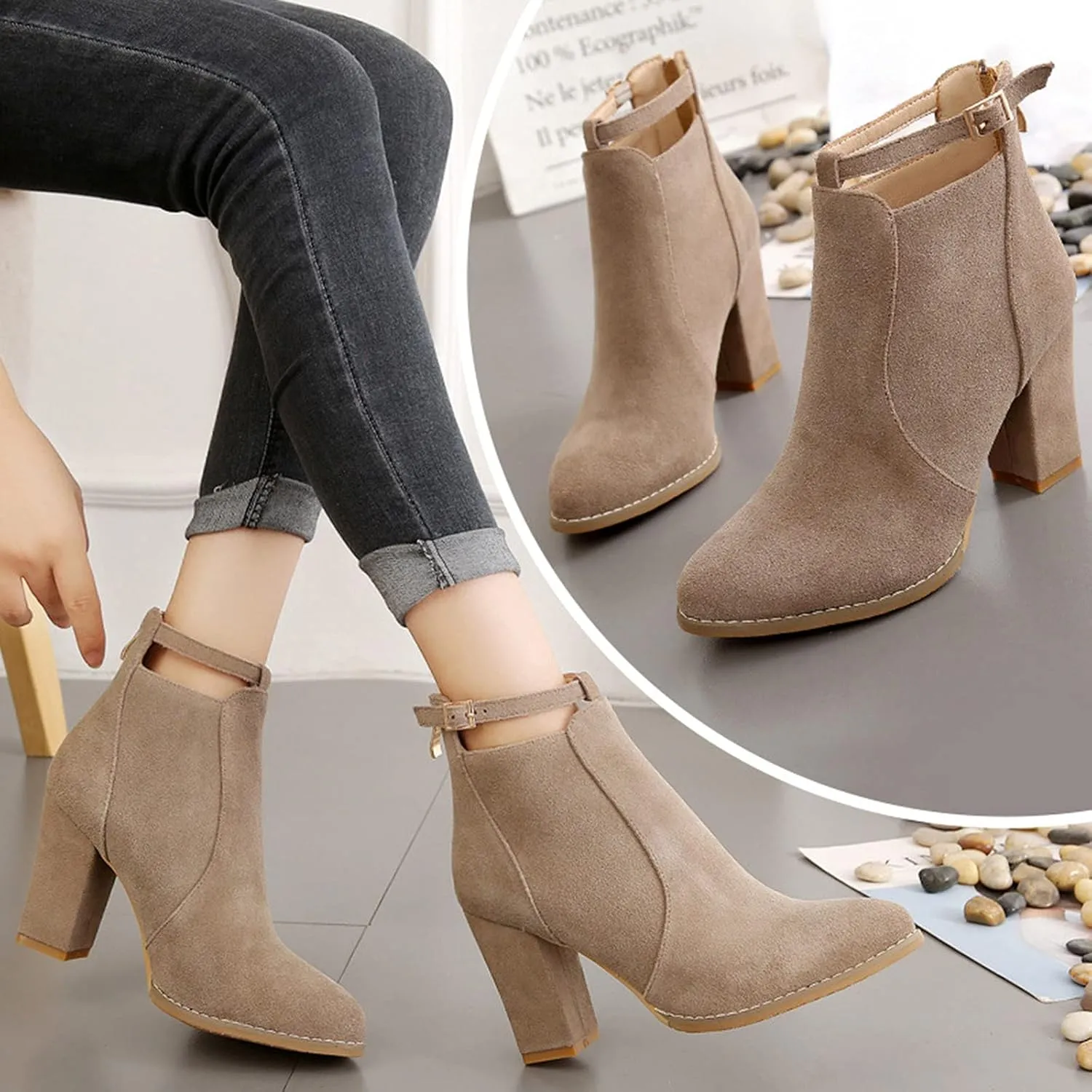 Ankle Booties for Women Chunky High Heel Pointed Toe Sexy Dress Boots Slip On Back Zipper Winter Suede Shoes