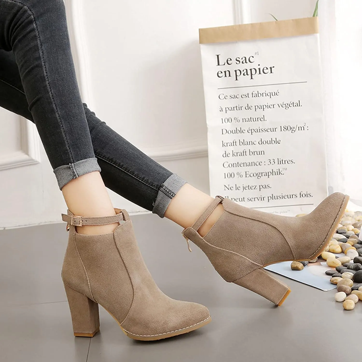 Ankle Booties for Women Chunky High Heel Pointed Toe Sexy Dress Boots Slip On Back Zipper Winter Suede Shoes