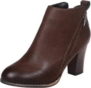 Ankle Booties for Women Fashion Stacked Chunky Heel Ankle Boots Wide Width Side Zipper Leather Ankle Bootie