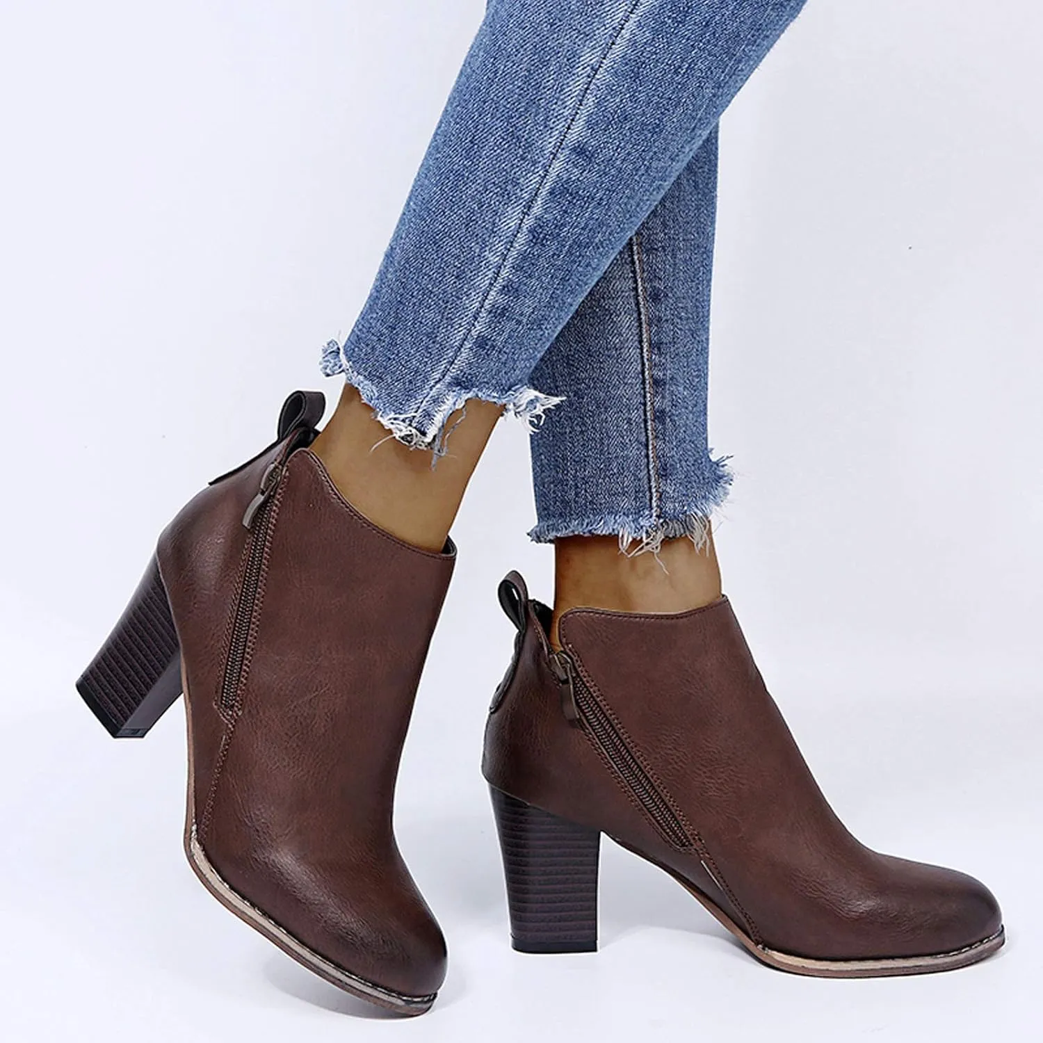 Ankle Booties for Women Fashion Stacked Chunky Heel Ankle Boots Wide Width Side Zipper Leather Ankle Bootie