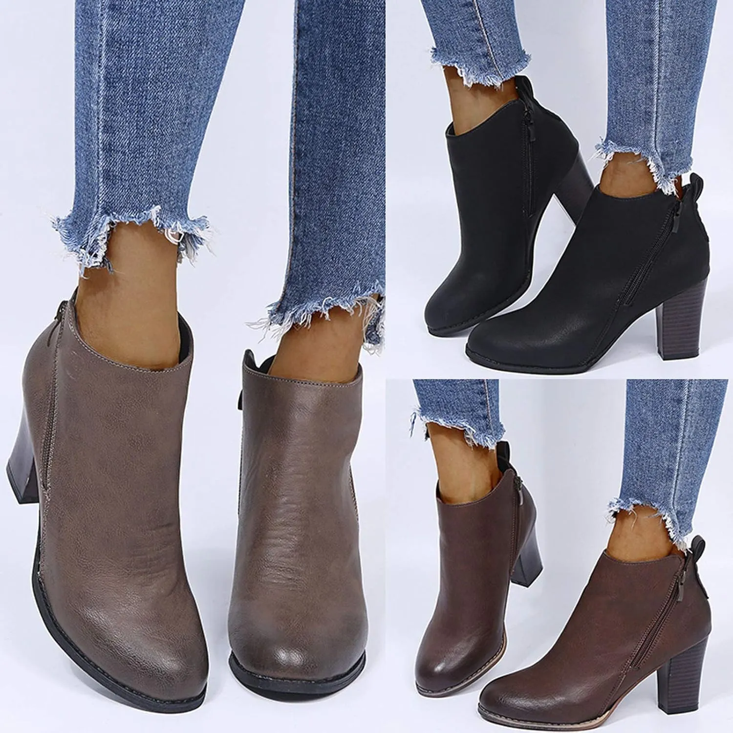 Ankle Booties for Women Fashion Stacked Chunky Heel Ankle Boots Wide Width Side Zipper Leather Ankle Bootie