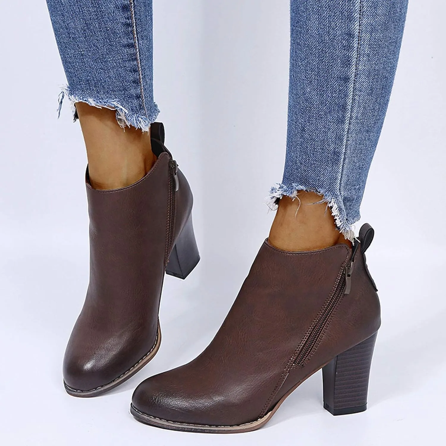 Ankle Booties for Women Fashion Stacked Chunky Heel Ankle Boots Wide Width Side Zipper Leather Ankle Bootie