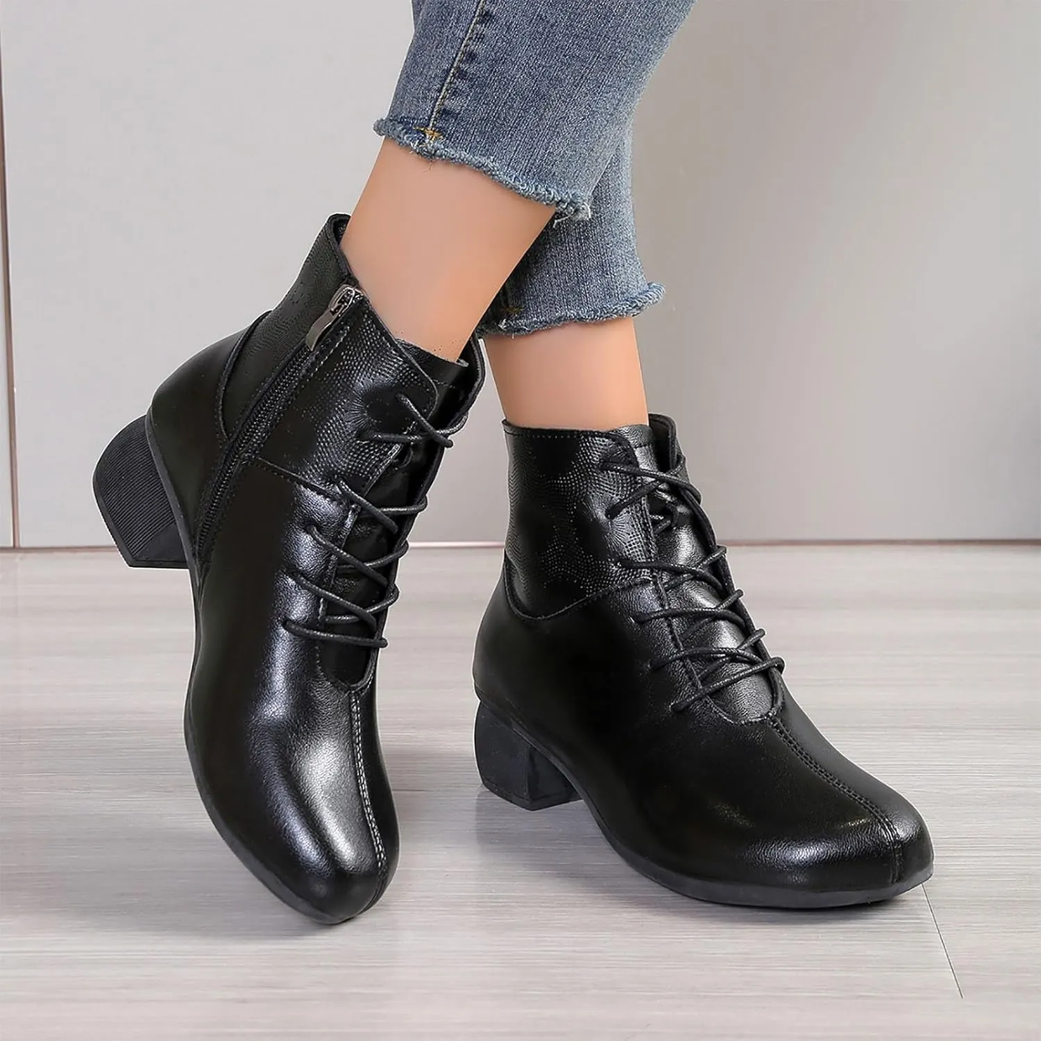 Ankle Booties for Women Leather Lace up Combat Boots Black Chunky Low Heel Ankle Boots Side Zip-up Booties