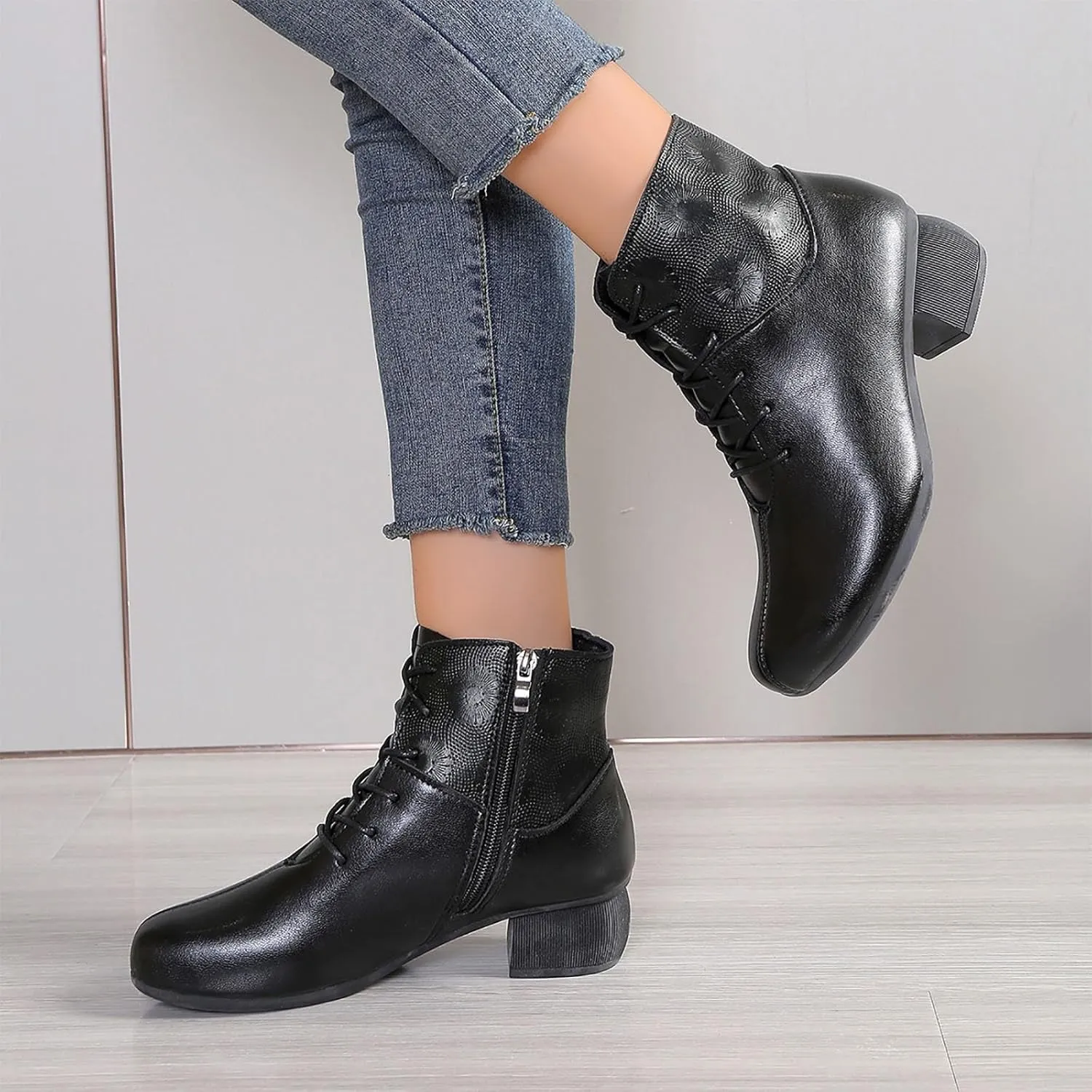 Ankle Booties for Women Leather Lace up Combat Boots Black Chunky Low Heel Ankle Boots Side Zip-up Booties