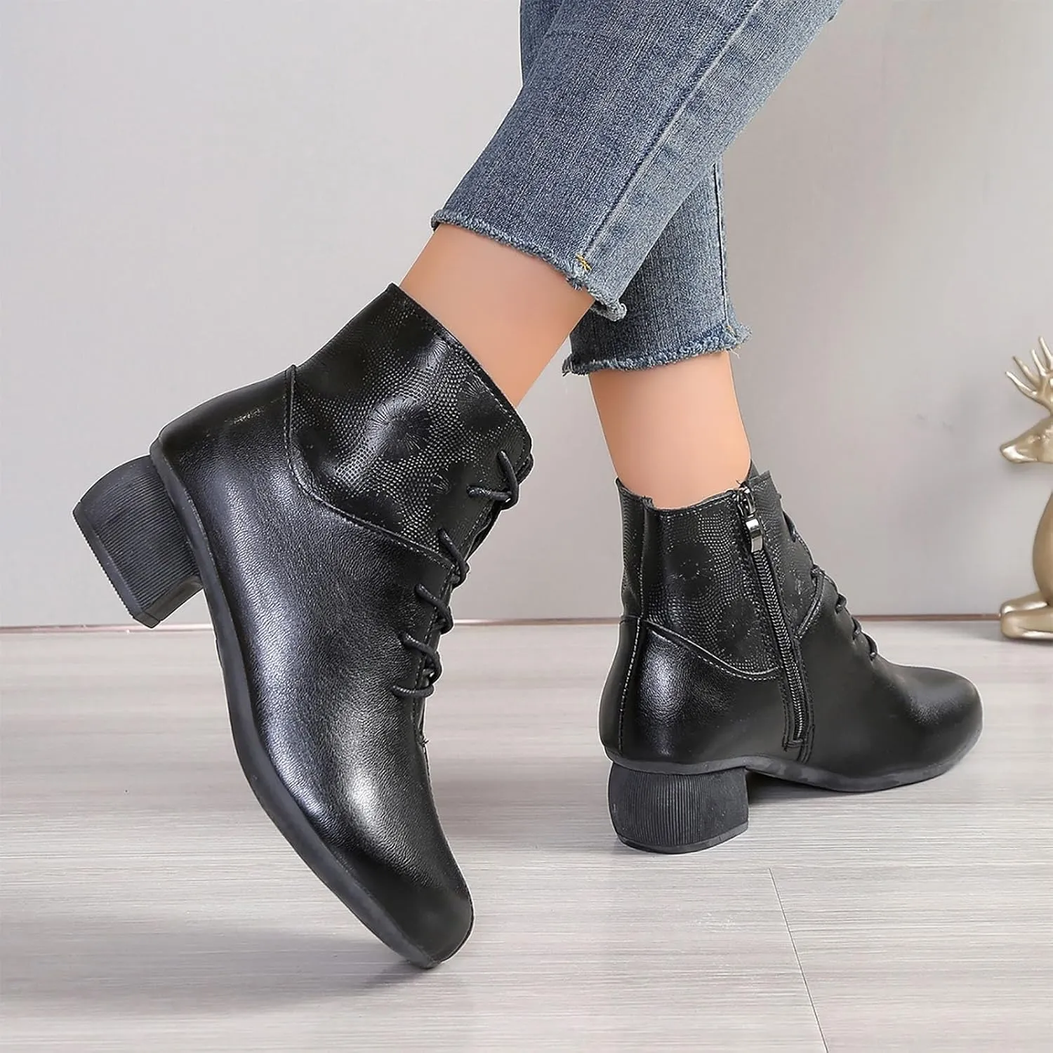 Ankle Booties for Women Leather Lace up Combat Boots Black Chunky Low Heel Ankle Boots Side Zip-up Booties