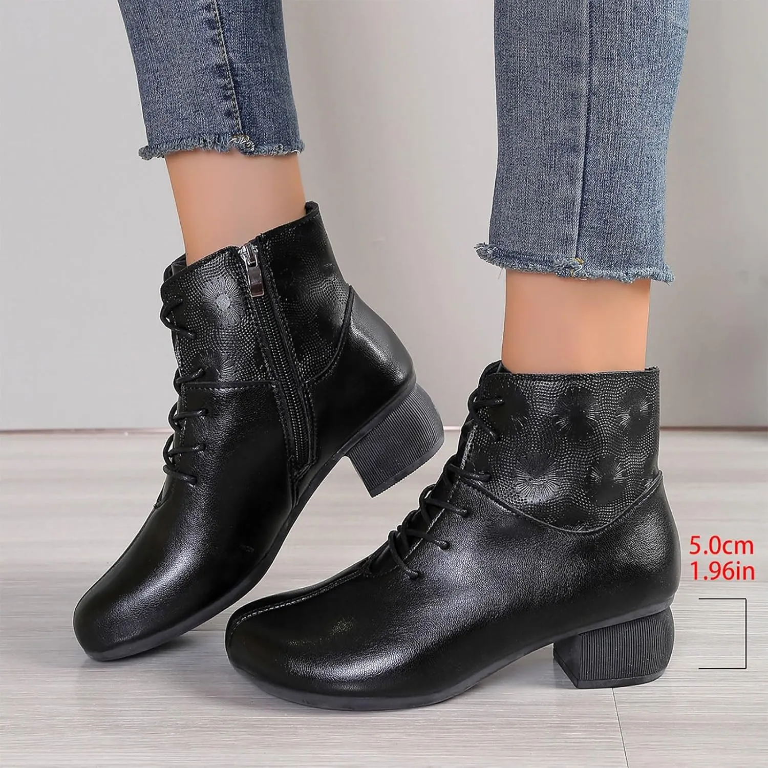 Ankle Booties for Women Leather Lace up Combat Boots Black Chunky Low Heel Ankle Boots Side Zip-up Booties