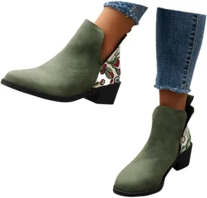 Ankle Boots for Women Arch Support,Womens Cut Out Ankle Boots Chunky Heel Almond Toe Slip on Western Booties Fashion Zipper Booties Slip On Vintage Floral Print Walking Short Boots