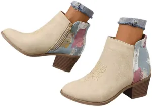 Ankle Boots for Women Arch Support,Womens Cut Out Ankle Boots Chunky Heel Almond Toe Slip on Western Booties Fashion Zipper Booties Slip On Vintage Floral Print Walking Short Boots