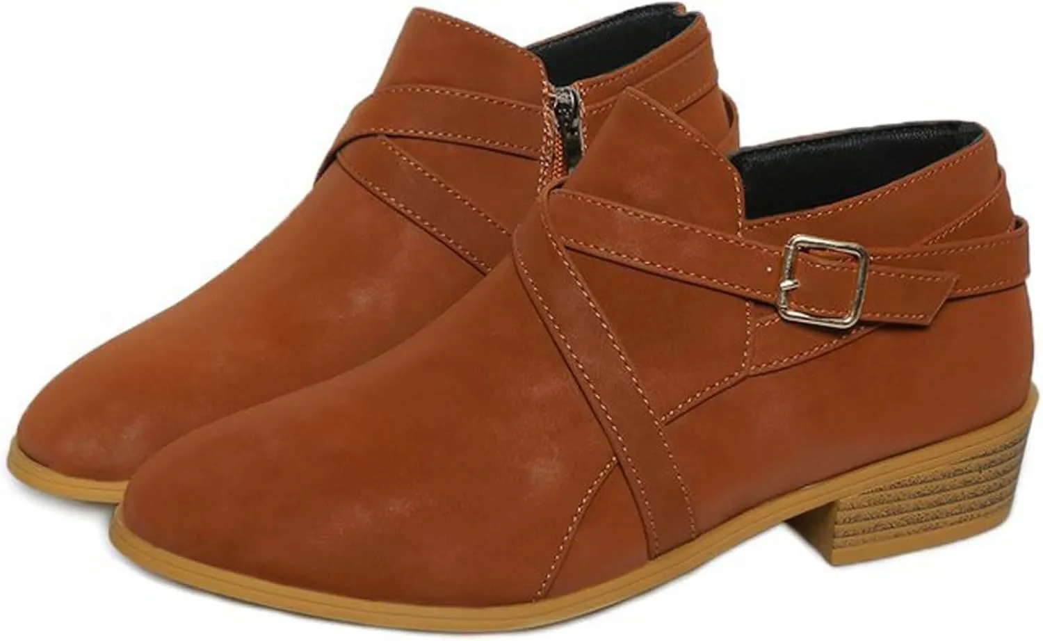 Ankle Boots for Women Chunky Stacked Low Heel Faux Suede Booties with Round Toe Side Zippers Buckle Western Retro Shoes