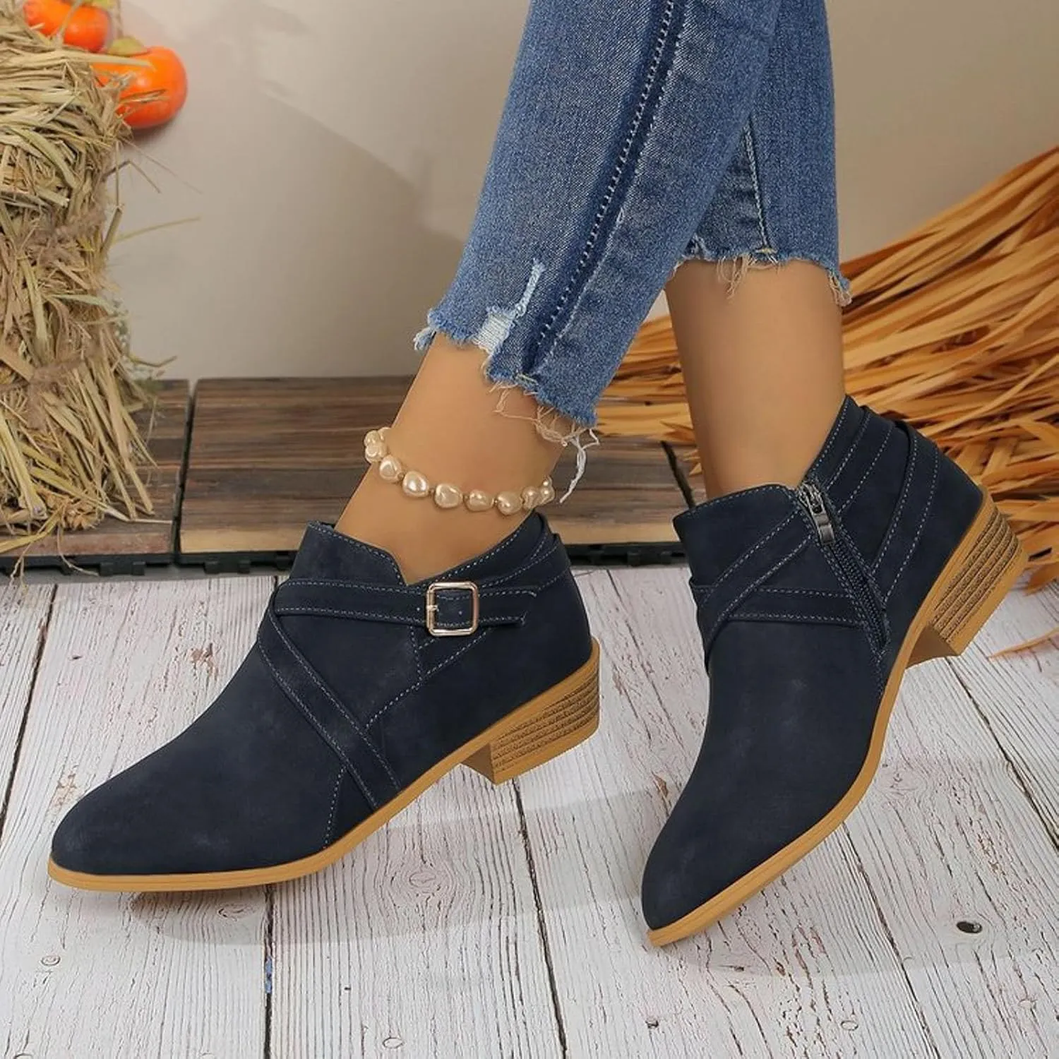 Ankle Boots for Women Chunky Stacked Low Heel Faux Suede Booties with Round Toe Side Zippers Buckle Western Retro Shoes