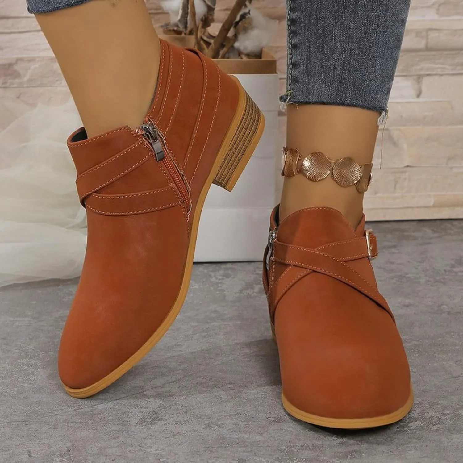 Ankle Boots for Women Chunky Stacked Low Heel Faux Suede Booties with Round Toe Side Zippers Buckle Western Retro Shoes