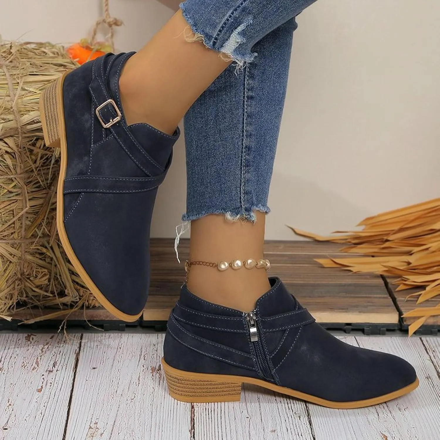 Ankle Boots for Women Chunky Stacked Low Heel Faux Suede Booties with Round Toe Side Zippers Buckle Western Retro Shoes
