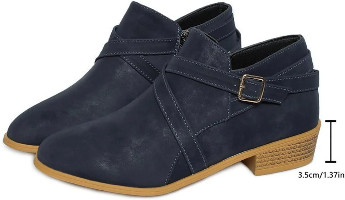 Ankle Boots for Women Chunky Stacked Low Heel Faux Suede Booties with Round Toe Side Zippers Buckle Western Retro Shoes