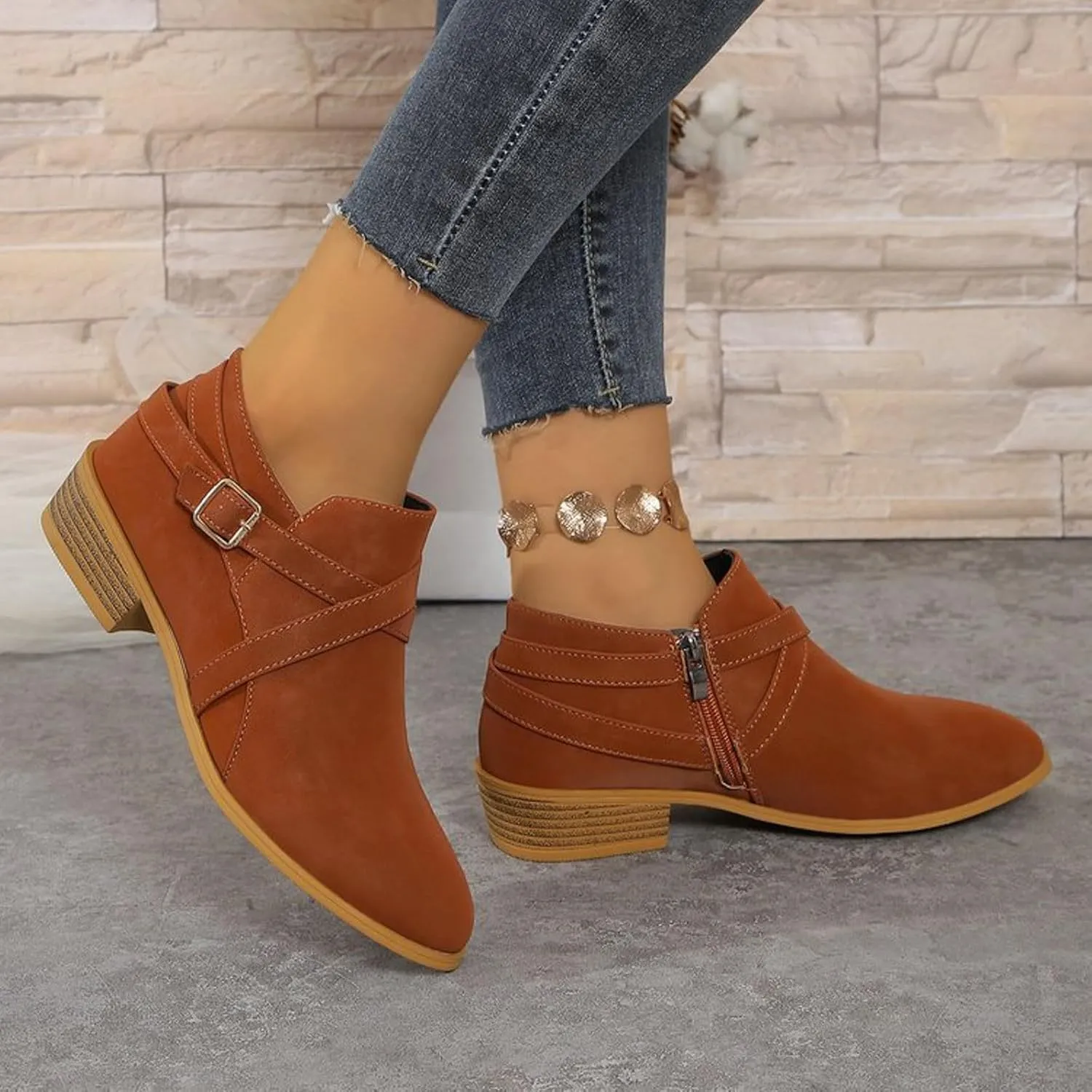 Ankle Boots for Women Chunky Stacked Low Heel Faux Suede Booties with Round Toe Side Zippers Buckle Western Retro Shoes