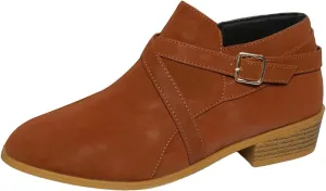 Ankle Boots for Women Chunky Stacked Low Heel Faux Suede Booties with Round Toe Side Zippers Buckle Western Retro Shoes