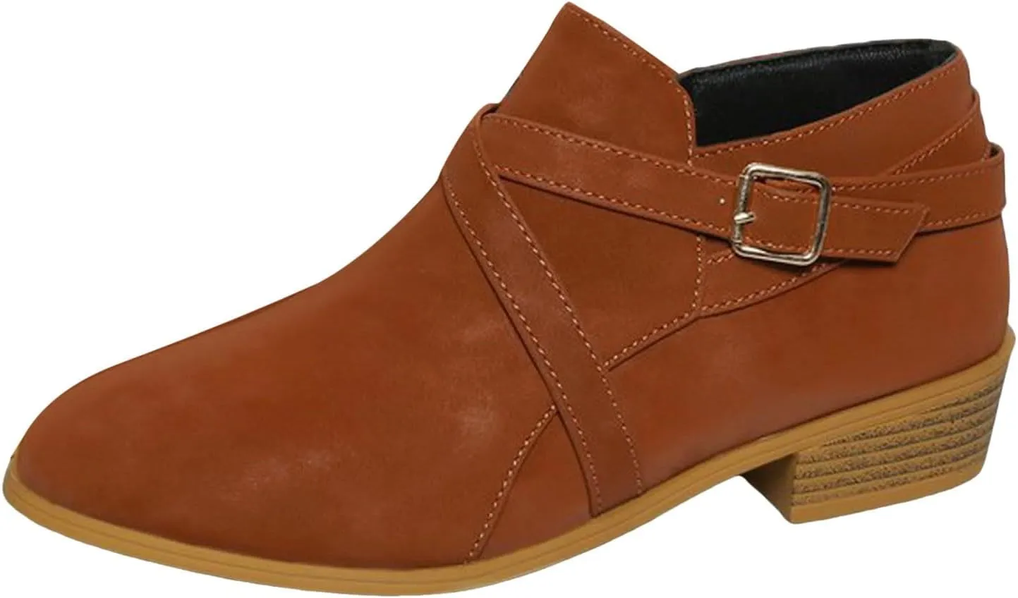 Ankle Boots for Women Chunky Stacked Low Heel Faux Suede Booties with Round Toe Side Zippers Buckle Western Retro Shoes