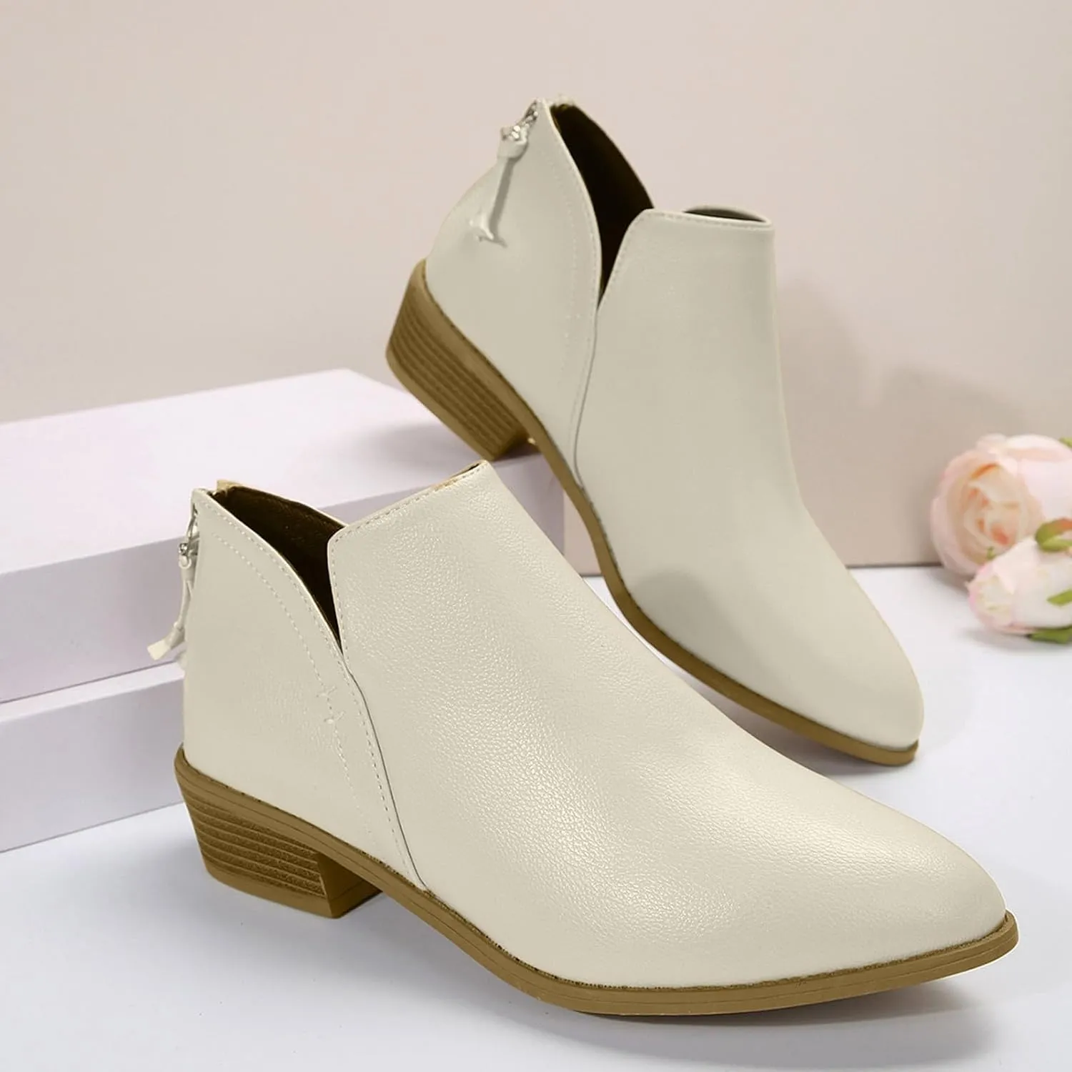 Ankle Boots for Women Fashion Fall Booties Low Heels Chunky Stacked Cutout Dress Short Ruffle Slip On Pointed Toe Shoes
