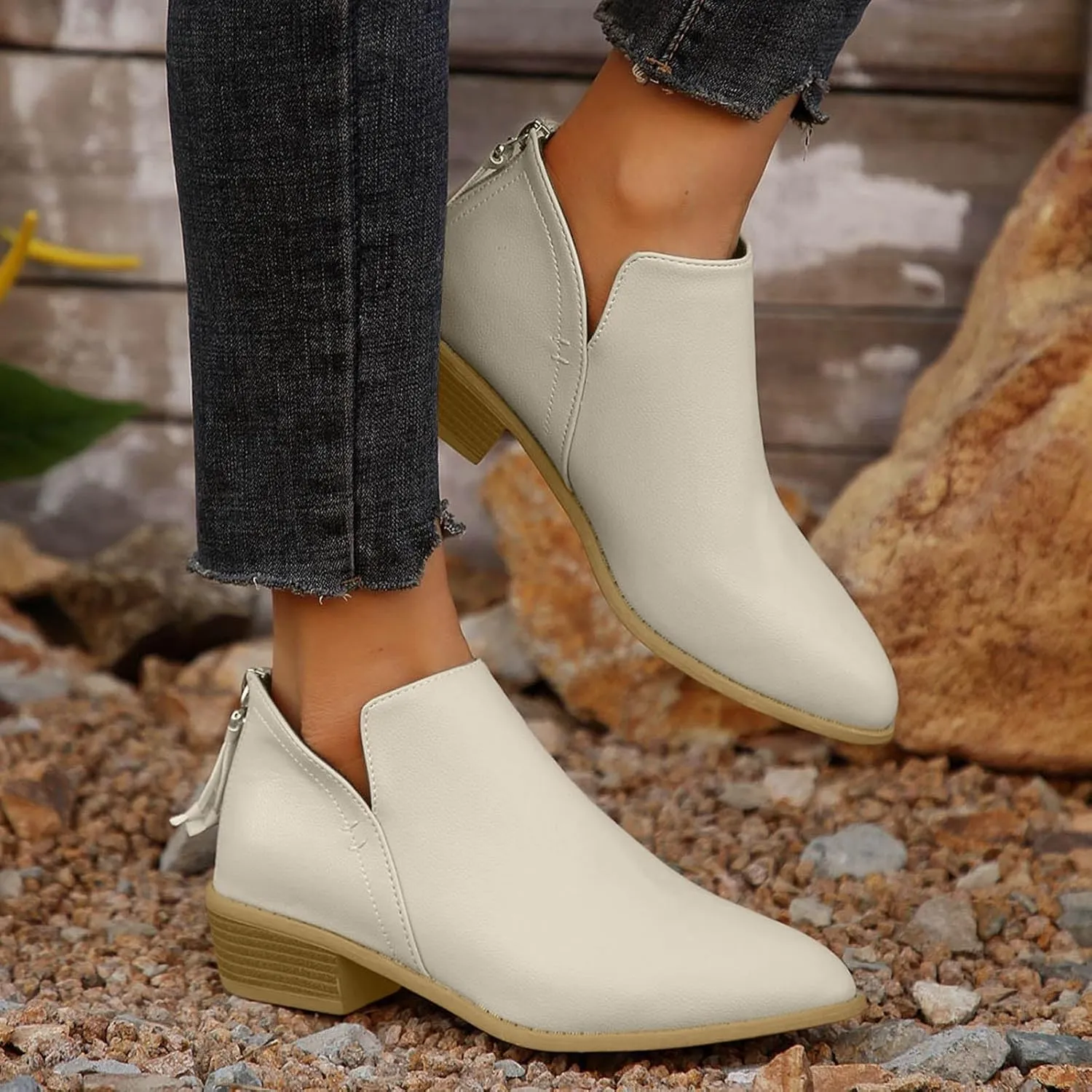 Ankle Boots for Women Fashion Fall Booties Low Heels Chunky Stacked Cutout Dress Short Ruffle Slip On Pointed Toe Shoes