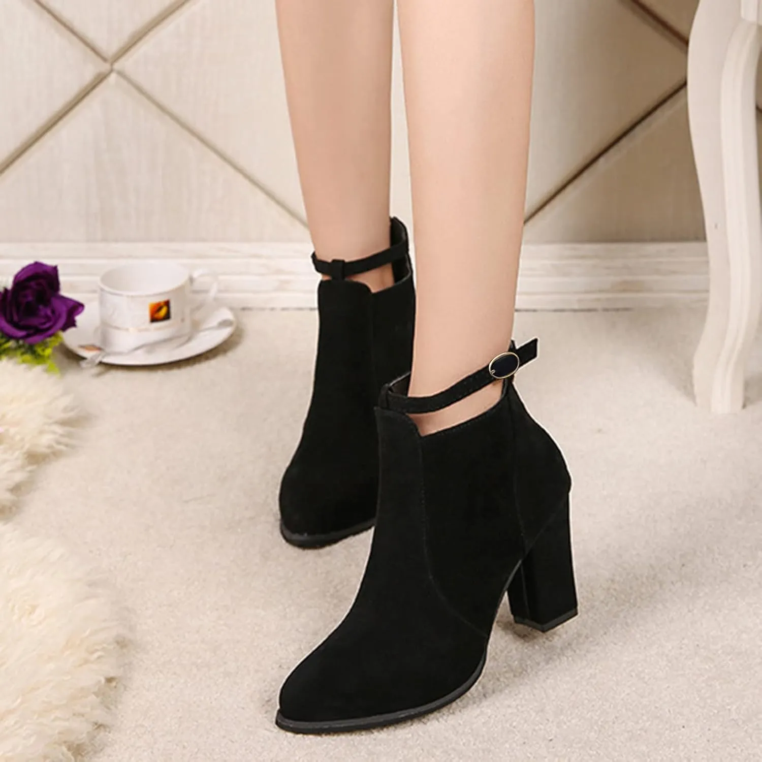 Ankle Boots for Women Fashion Hollow Out Design Mid Heel Dress Boots Zipper Chunky Block Low Heel Ankle Bootie