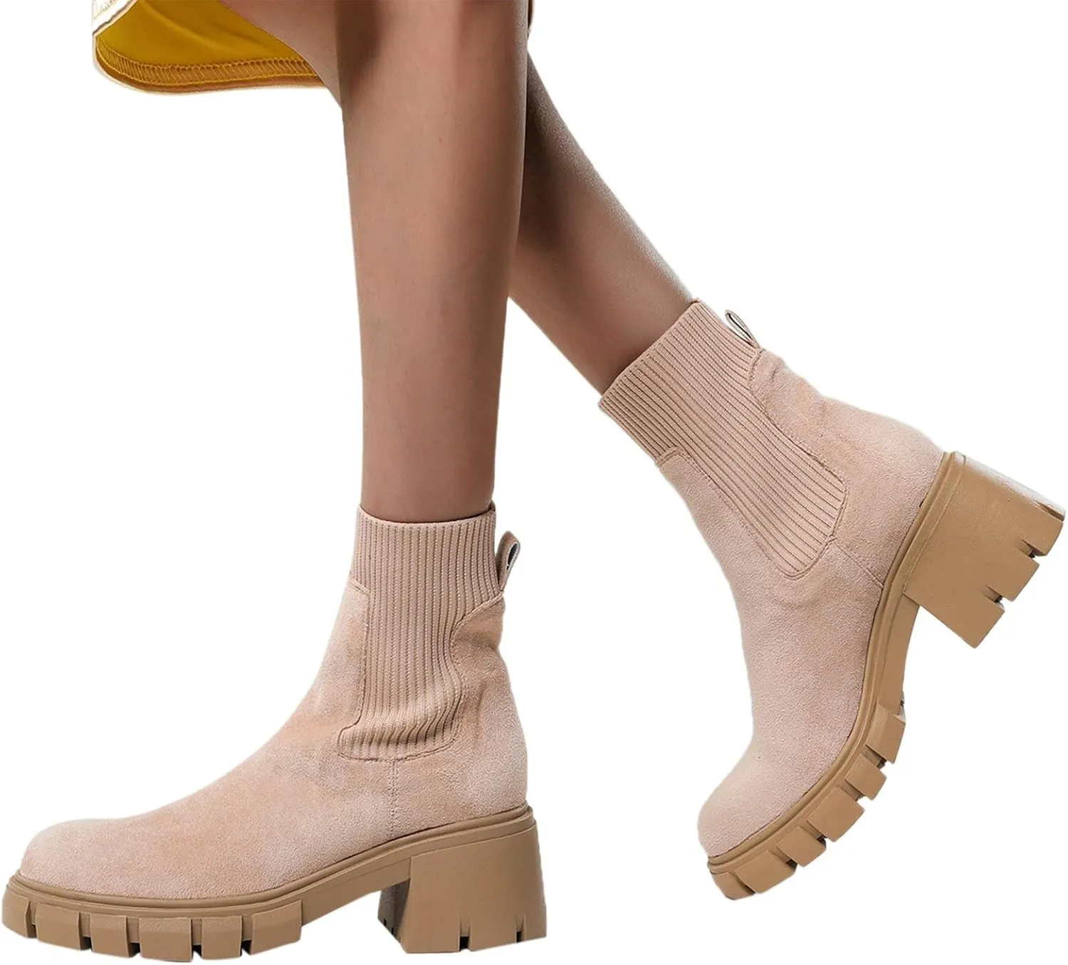 Ankle Boots for Women Western Fashion Faux Suede Lug Sole Elastic Chelsea Boots Chunky Block Heel Platform Slip on Booties